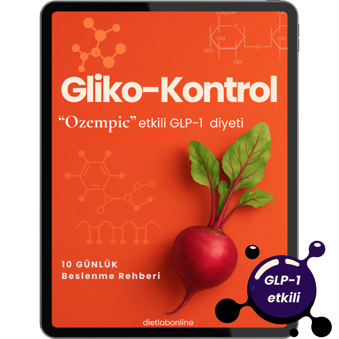 Turuncu zemin üzerinde “gliko-kontrol” başlığı bulunan bir e-kitap kapağı. Altında “GLP-1 ve Ozempic Etkili 10 Günlük Diyet Listesi” yazısı yer almakta. Modern tasarımlı, sağlıklı yaşam ve glikoz dengesi temalı ikonlarla desteklenmiş, Türkçe hazırlanmış profesyonel bir diyet rehberi kapağı.